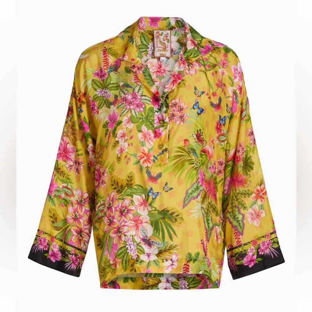 Johnny Was Koa Floral Silk Long Sleeve Blouse Yellow Multi size Small NWT